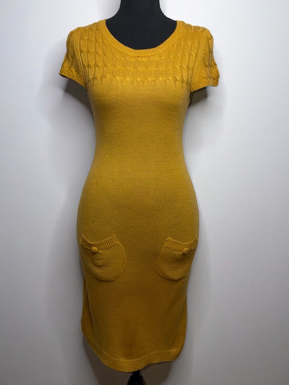 MKM Designs Mustard Yellow Pocket Knit Midi Dress Size S Small